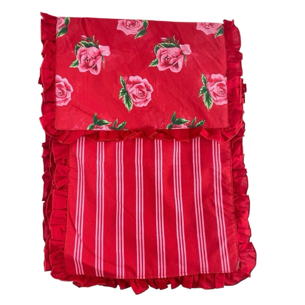 Threshold Reversible Table Runner Red Roses & Stripes-Ruffled Edge 72”x14" - Picture 2 of 6